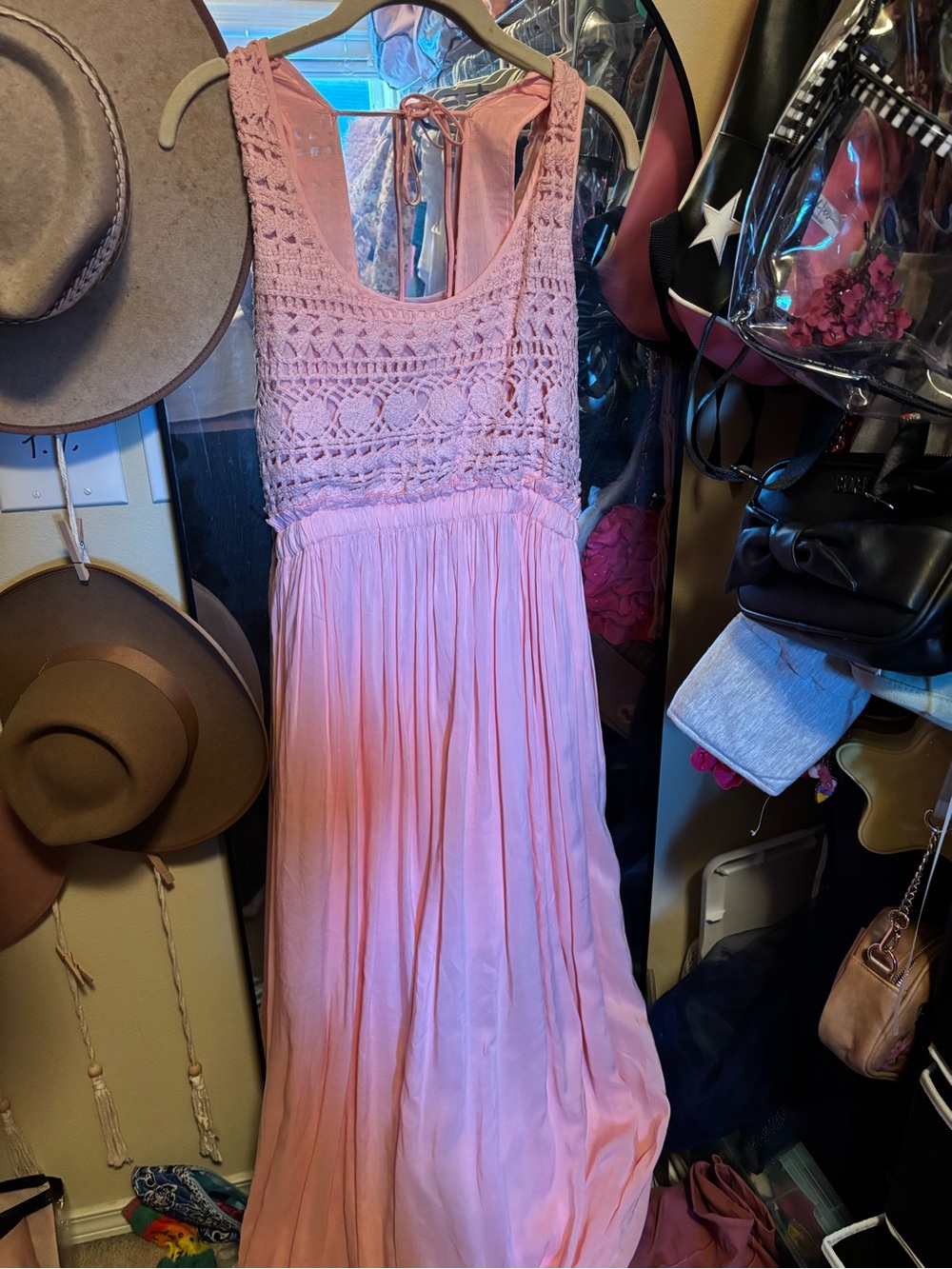 Sleeveless Pink Crochet Bodice Maxi Dress with Tie Back